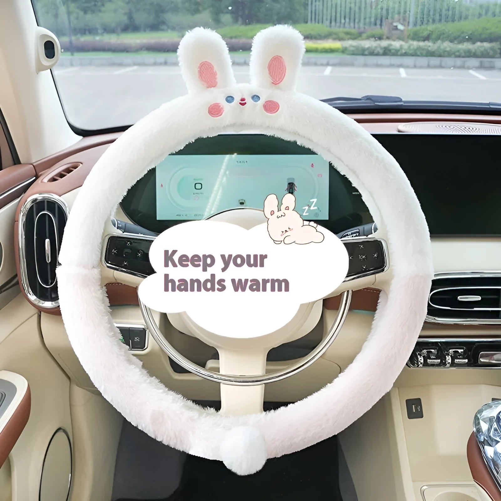 38cm plush winter car steering wheel cover with embroidered animal design