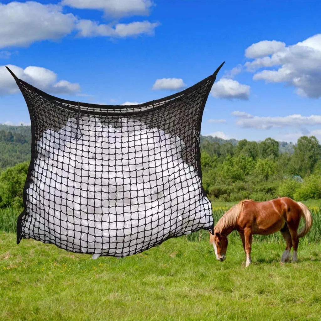 Woven polyethylene rope grid horse feeding bag hanging with black colour option