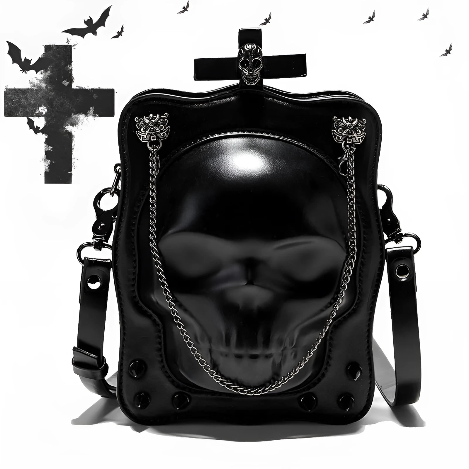 Black mini skull shoulder bag with 3D embossed design, chain strap, and vertical square shape for Gothic fashion.