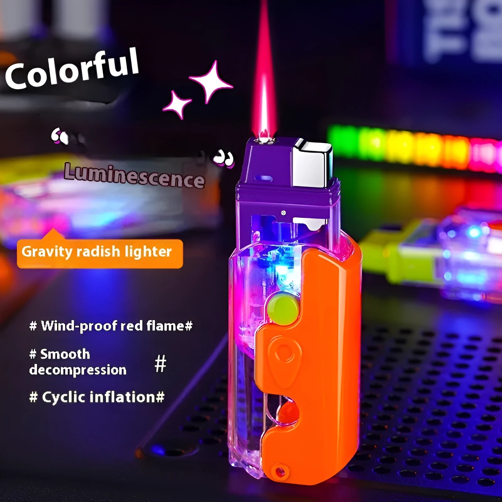 Colourful luminous radish lighter in plastic construction with wind-resistant flame