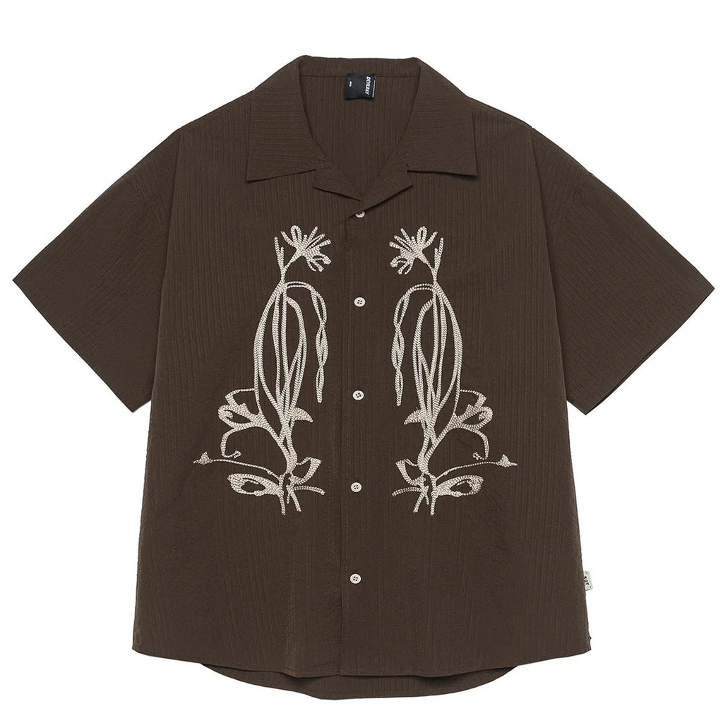 Brown striped waterproof short sleeve shirt with Cuban collar for outdoor camping