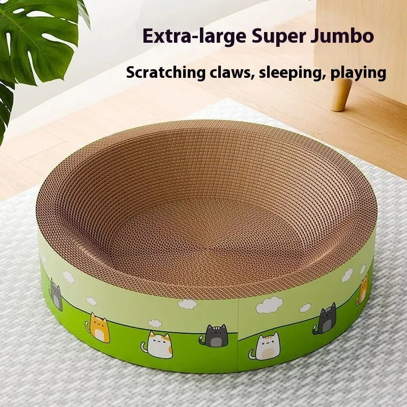 Round deep pit cat scratch board made from corrugated paper in cute style.