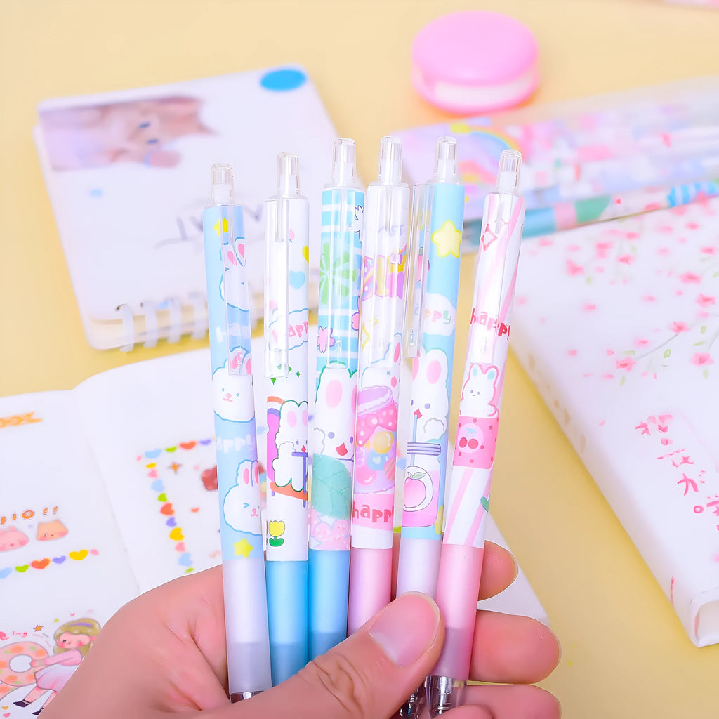 Six bunny cartoon design black ink pens with 0.5mm tips in packaging