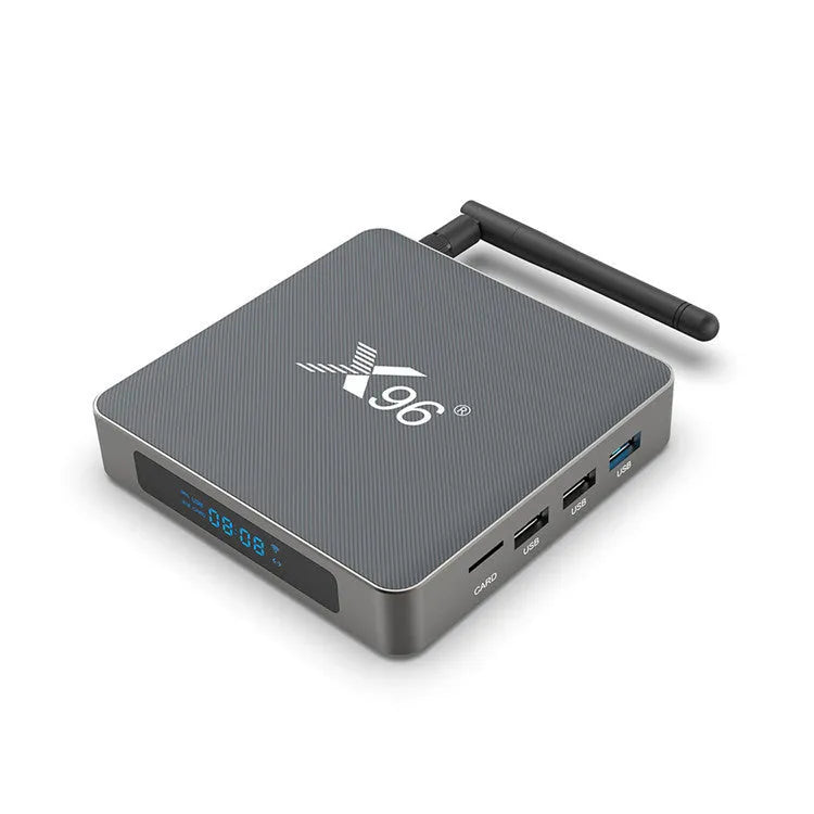 Android Smart TV Set-top Box with remote control, HDMI cable, and power adapter.