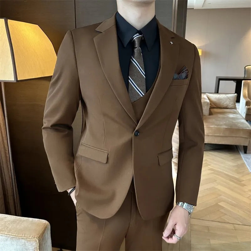 Men's slim fit business suit in dark green, brown, or camel colour, made from chemical fibre blend fabric.