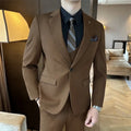 Men's slim fit business suit in dark green, brown, or camel colour, made from chemical fibre blend fabric.