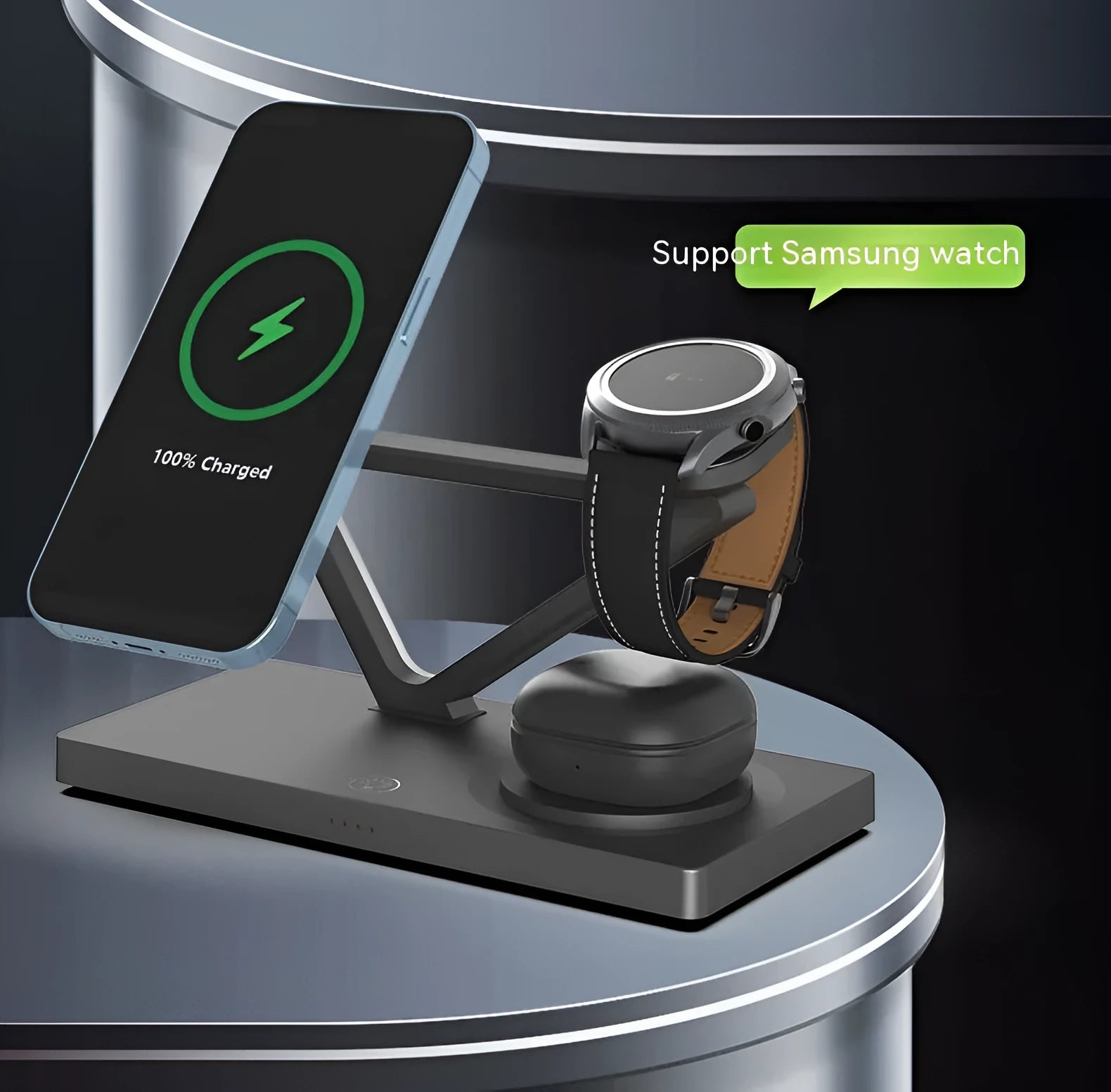Five-in-one wireless charging night lamp showing magnetic bracket, watch charging position, and circular base station