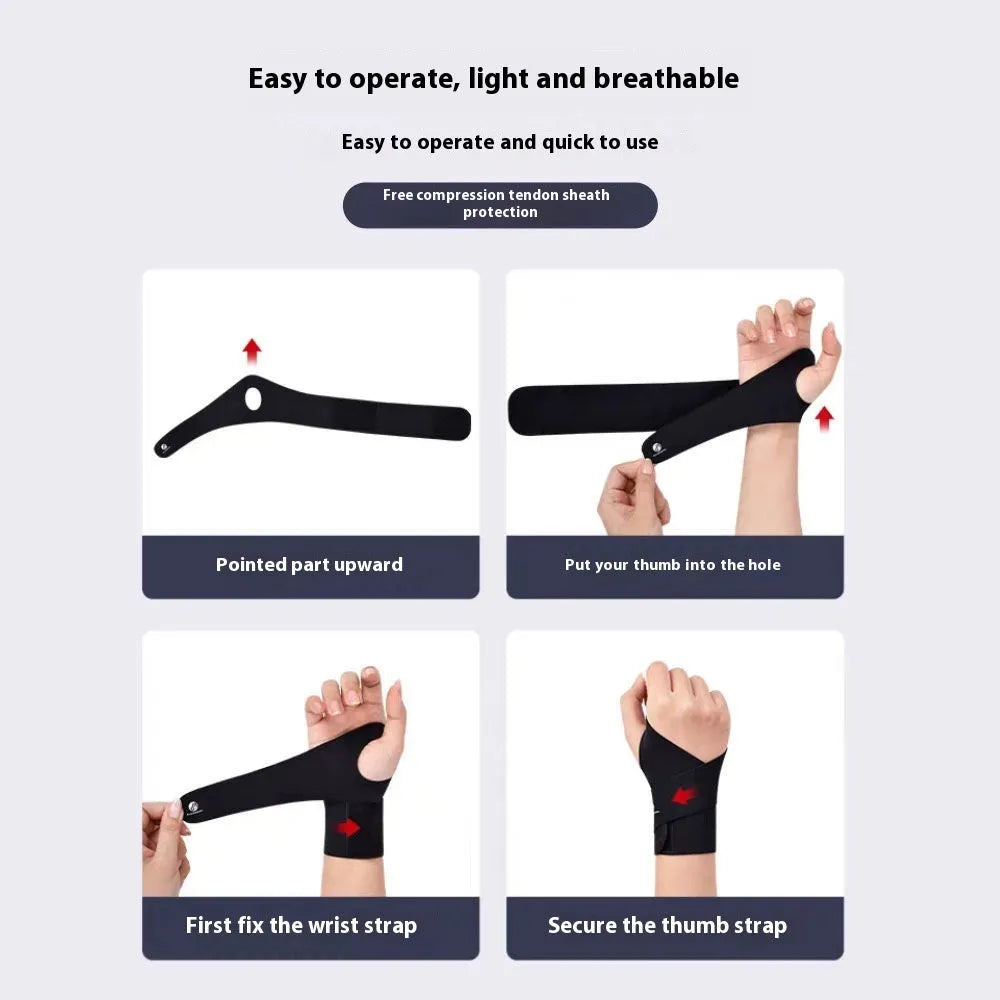 Black adjustable athletic wristguard shown on a wrist, suitable for badminton, tennis, and volleyball.