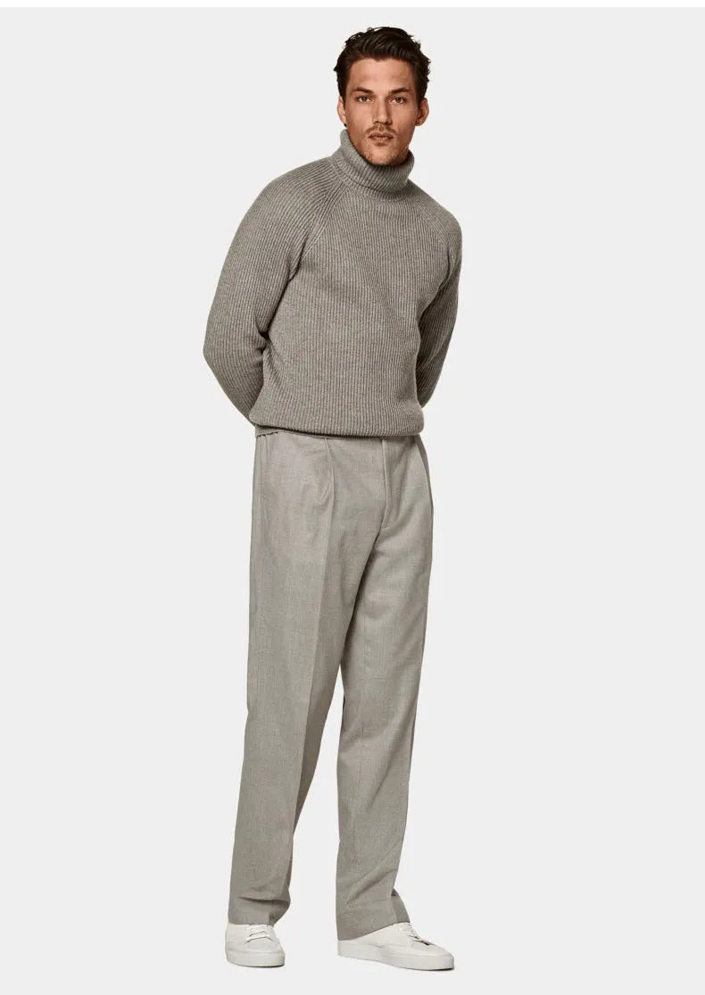 Men's cashmere high-neck knitted sweater in gray, long sleeve pullover, 100% cashmere
