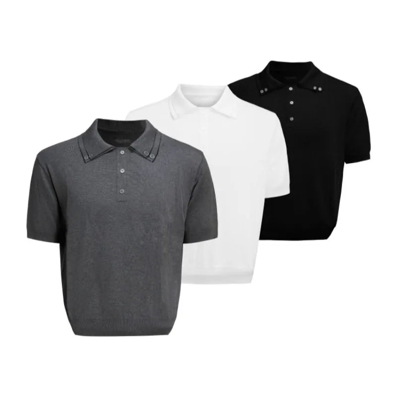 Men's black slim fit short sleeve knit shirt with a double lapel collar design