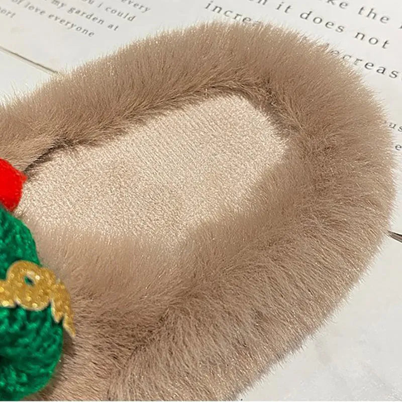 Women's Christmas hat decoration slippers in faux plush, available in black, khaki, and white colours.