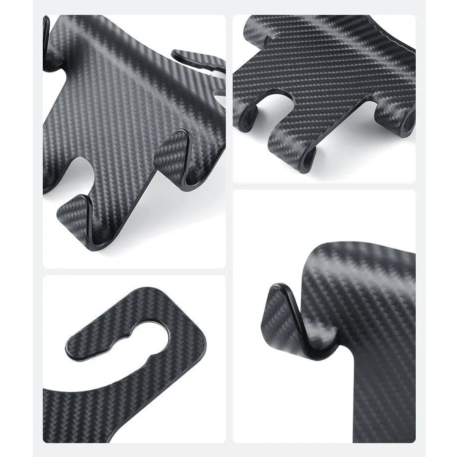 Black ABS plastic car hook bracket with integrated phone holder, shown from the side.