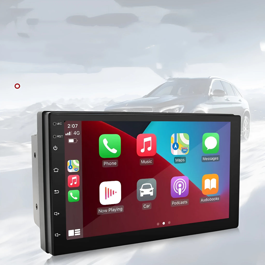 Black universal CarPlay GPS navigation radio with 7-inch screen for manual transmission vehicles
