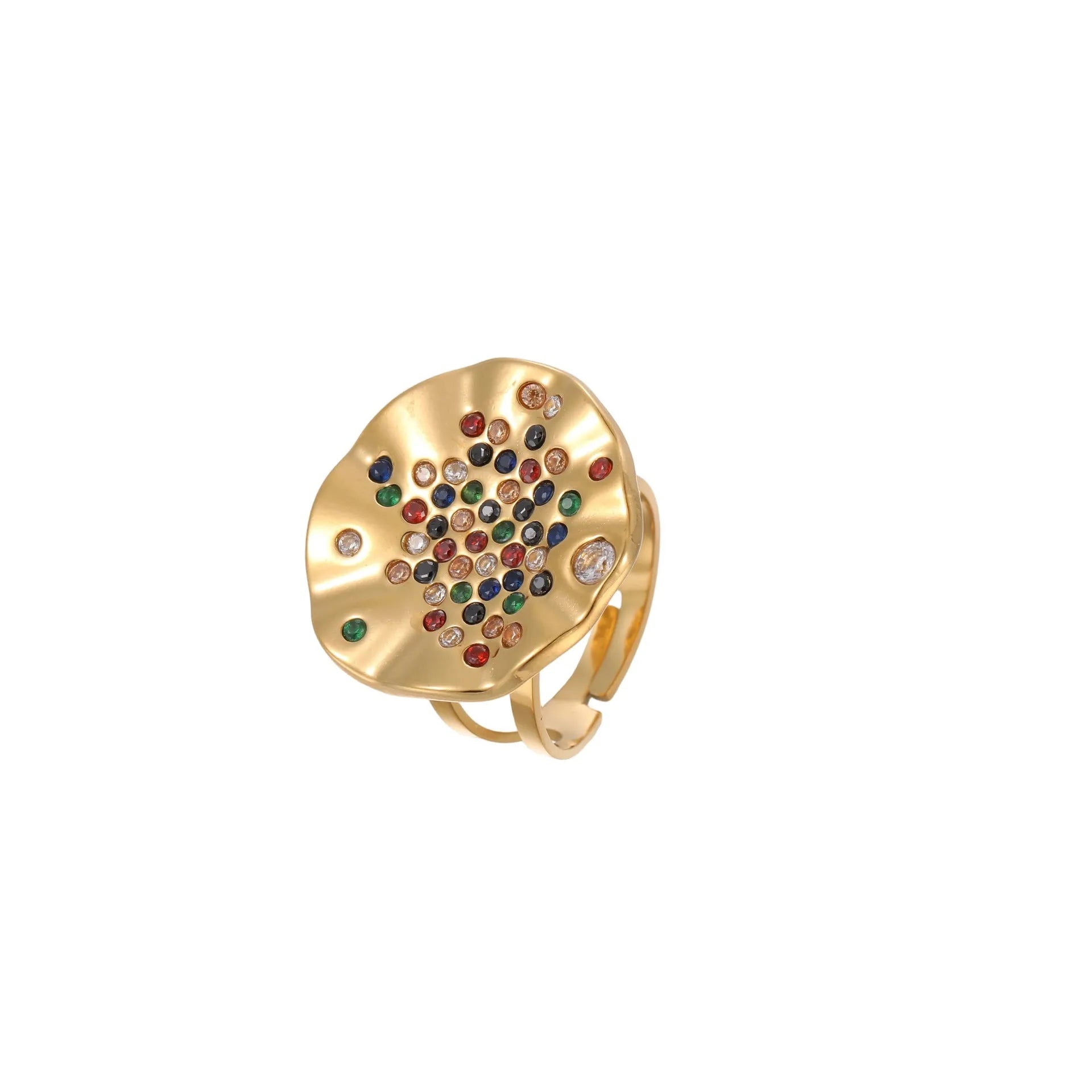 Geometric pleated inlaid colour diamond titanium steel ring on a hand, showing open mouth adjustable design.