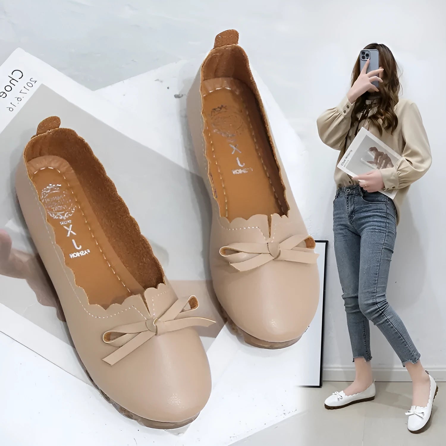 Korean style women's shallow mouth slip-on pumps in apricot, round toe, low heel, rubber sole
