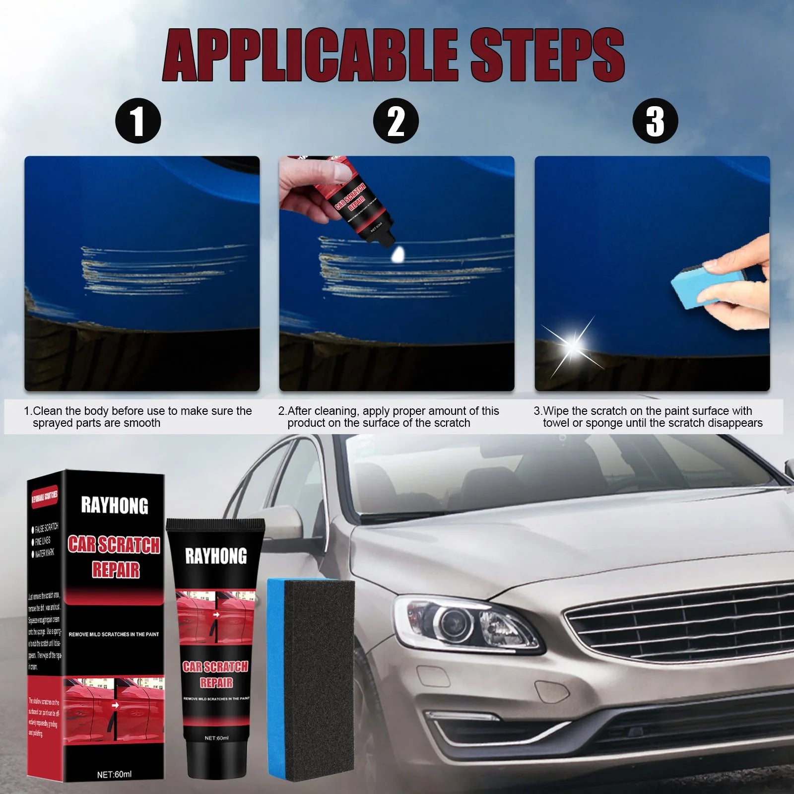 60ml car scratch repair wax set with polishing pad for automotive lacquer paint maintenance