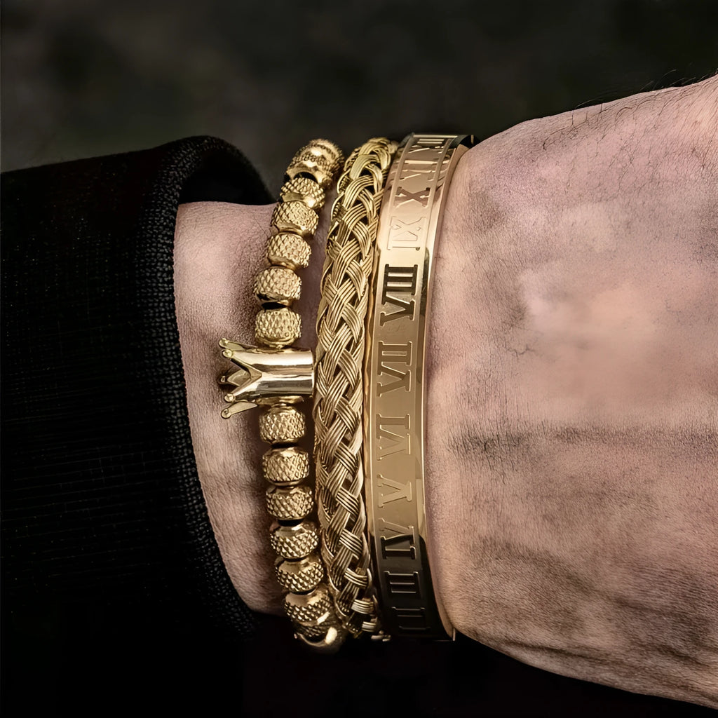Men's adjustable copper zircon bracelet with Roman royal crown charm, four colour finish options