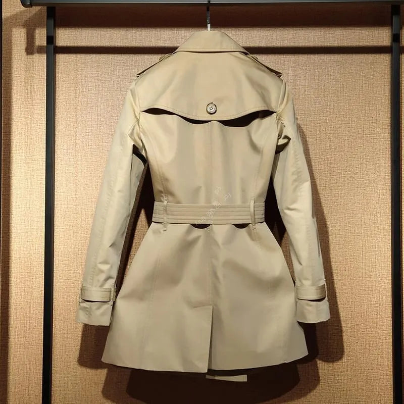 Khaki women's double-breasted polyester trench coat with long flight sleeves.