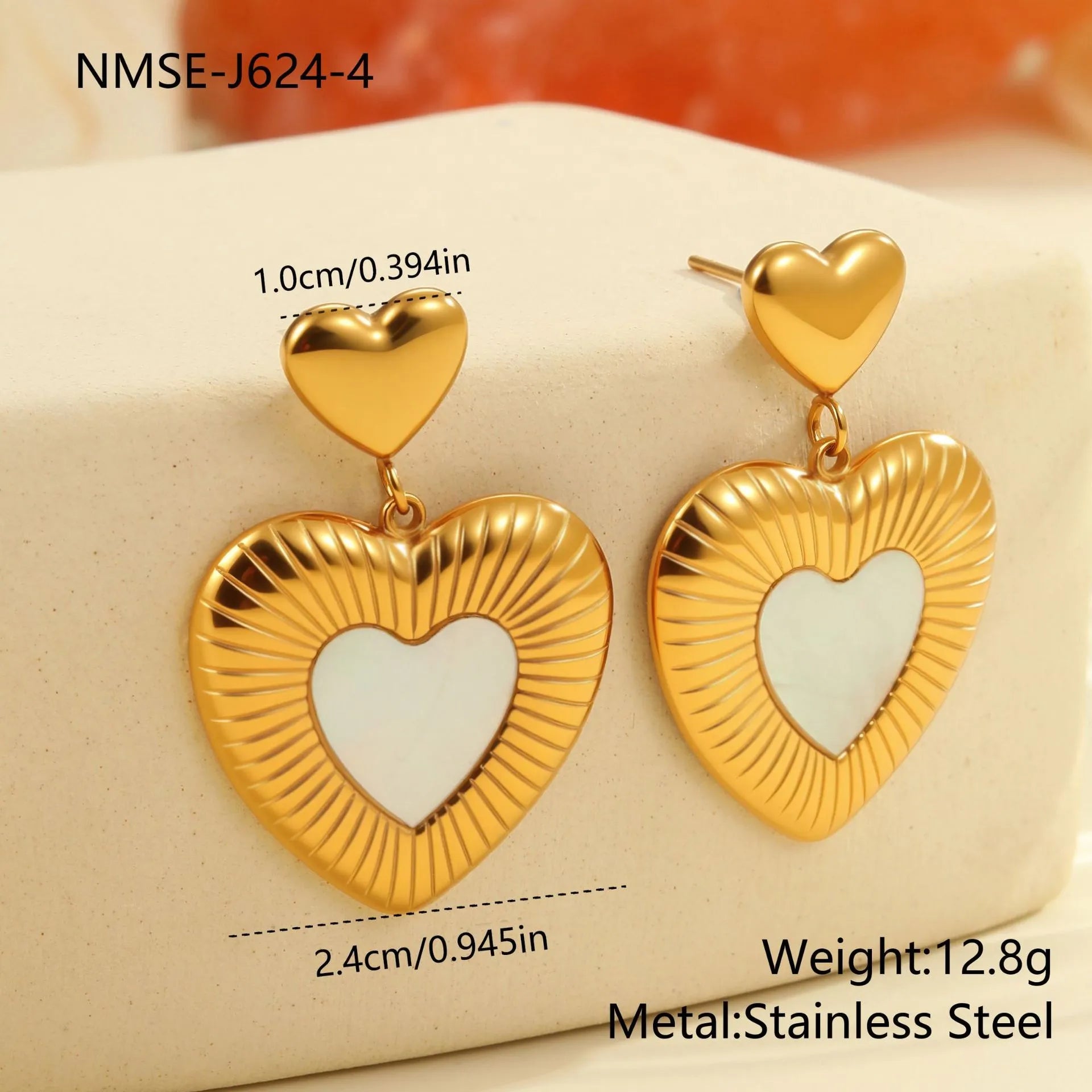 Gold-plated heart-shaped fritillary earrings with stainless steel construction and electroplated finish