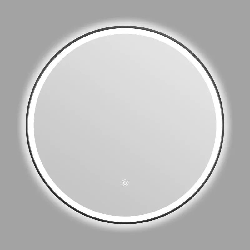Round smart bathroom mirror with black aluminium frame and integrated LED lighting