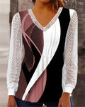Women's loose V-neck lace blouse in purple polyester chiffon fabric showing lace detailing