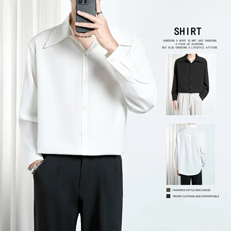 Men's loose non-iron polyester shirt in black and white, front view, with casual styling