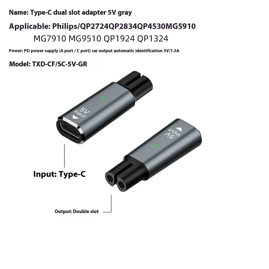 Black or grey aluminium alloy USB-C charging adapter for 4.3V electric shavers and clippers