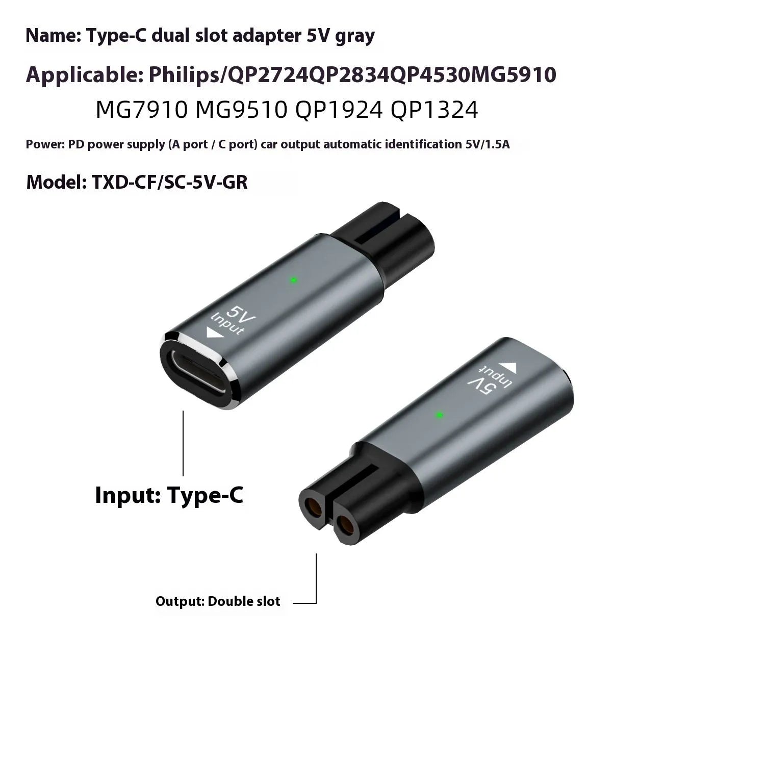 Black or grey aluminium alloy USB-C charging adapter for 4.3V electric shavers and clippers