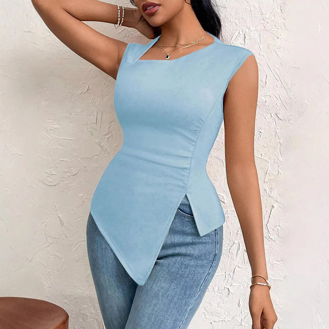 Women's diagonal collar slim fit short sleeve polyester top in beige with stitching detail