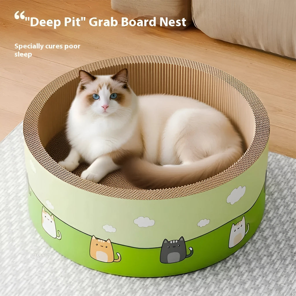 Round deep pit cat scratch board made from corrugated paper in cute style.