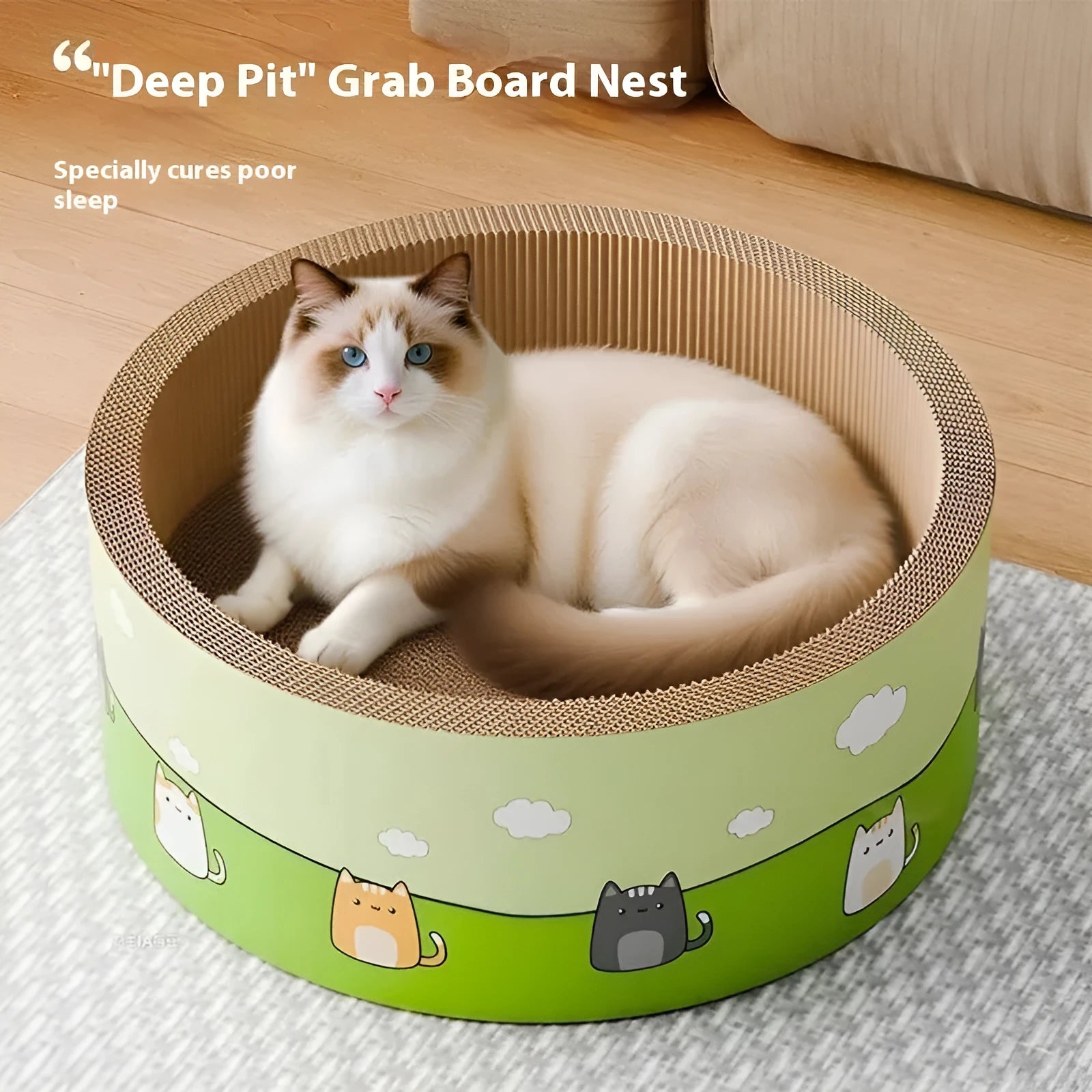 Round deep pit cat scratch board made from corrugated paper in cute style.
