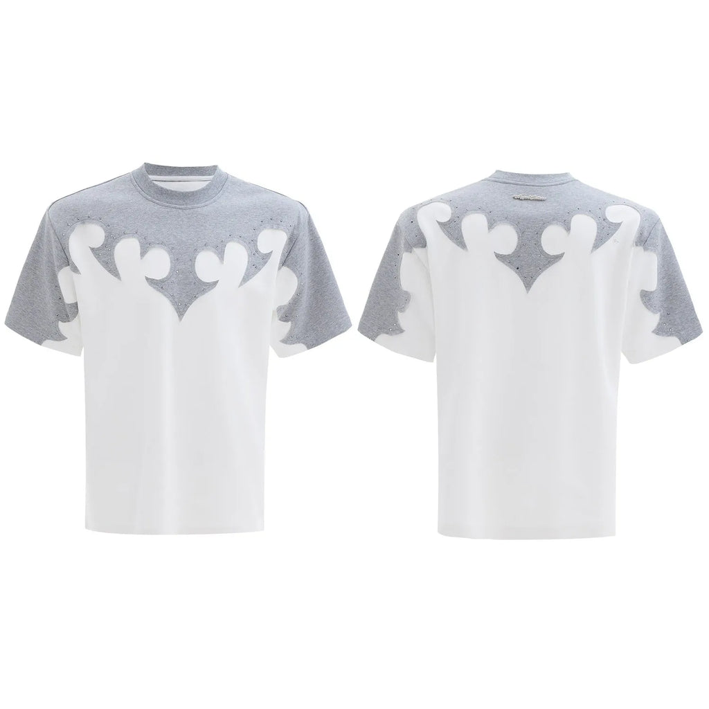 Men's cotton t-shirt with burnt flower rhinestone stitching and three-dimensional embroidery design in red colour