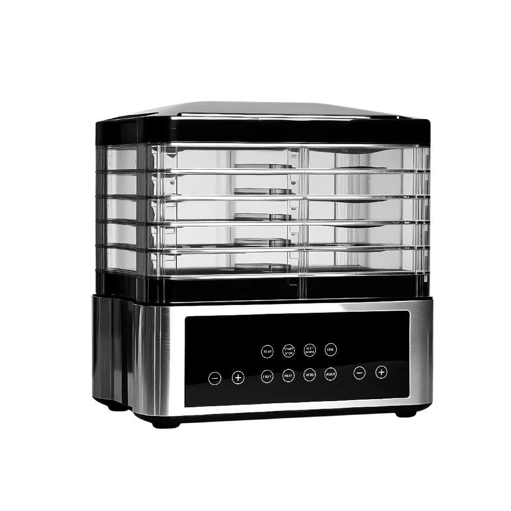 Silver stainless steel fruit dehydrator with 14L capacity and control panel for drying food at home