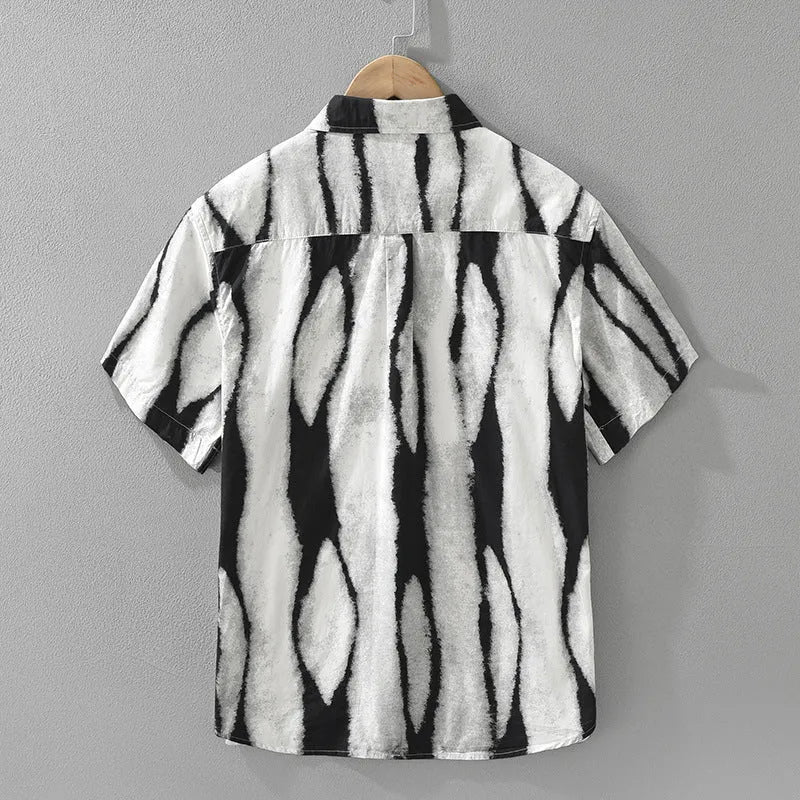 Men's retro striped short sleeve cotton shirt in loose cardigan fit, black and brown colour options