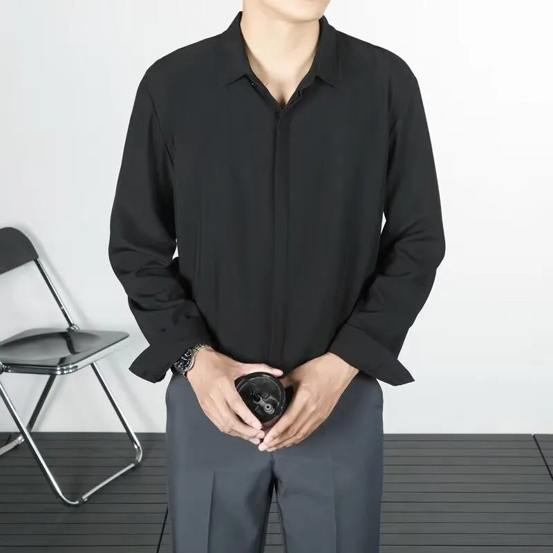 Korean-style linen long-sleeved shirt for men in loose fit, available in six solid colours including black and white