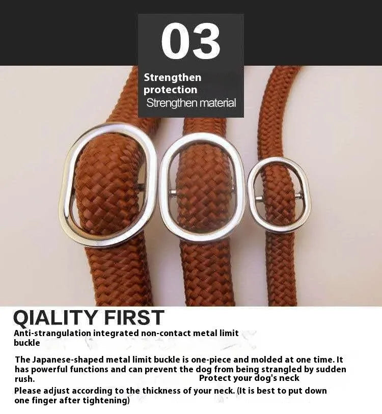 Brown nylon dog leash with 2.1 metre length and P chain attachment for collar connection
