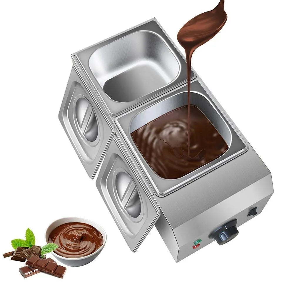 Commercial electric double pot chocolate melting machine with digital temperature display.