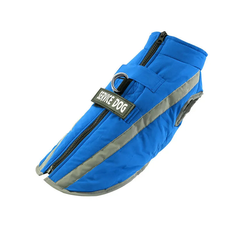 Waterproof reflective dog coat with fleece lining in beige, adjustable chest straps and collar design