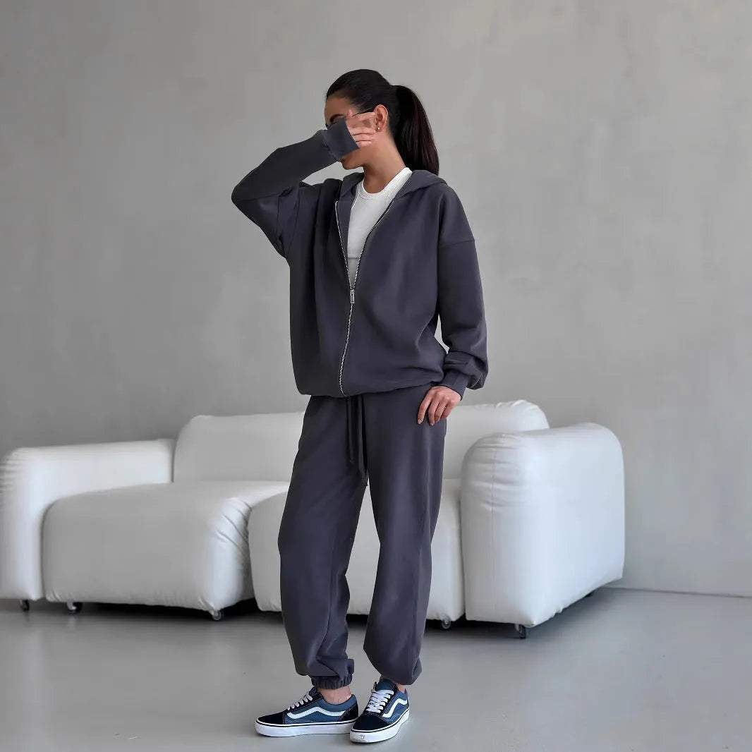 Red loose fit street style long sleeve coat and trousers two-piece set on a hanger