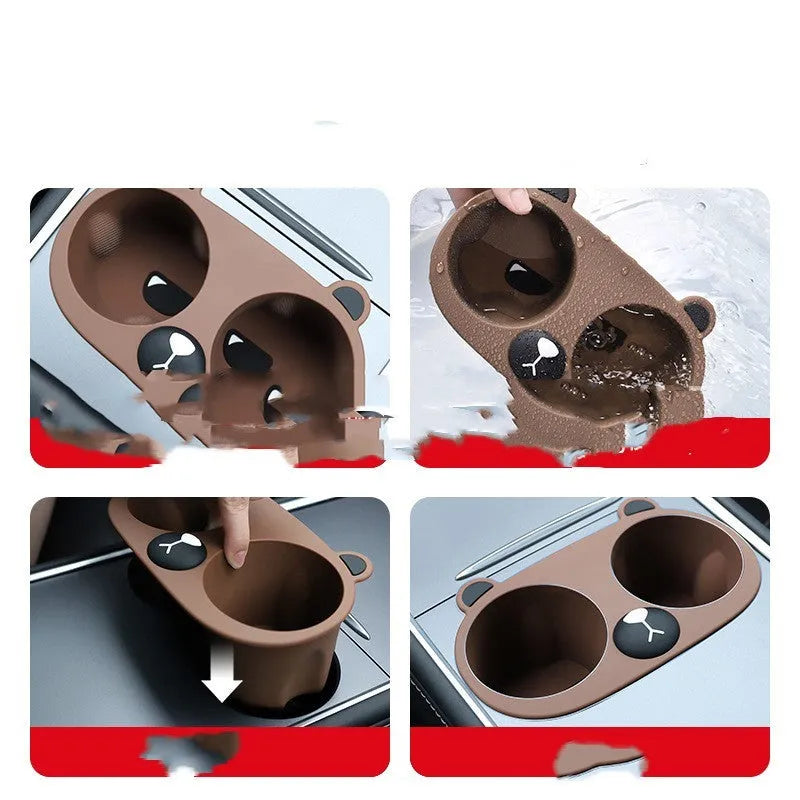 Silicone car cup holder insert in grey colour with cartoon design for reducing drink movement