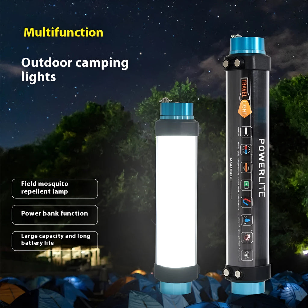 Waterproof USB rechargeable campsite light in black and blue with 200m exposure distance outdoors