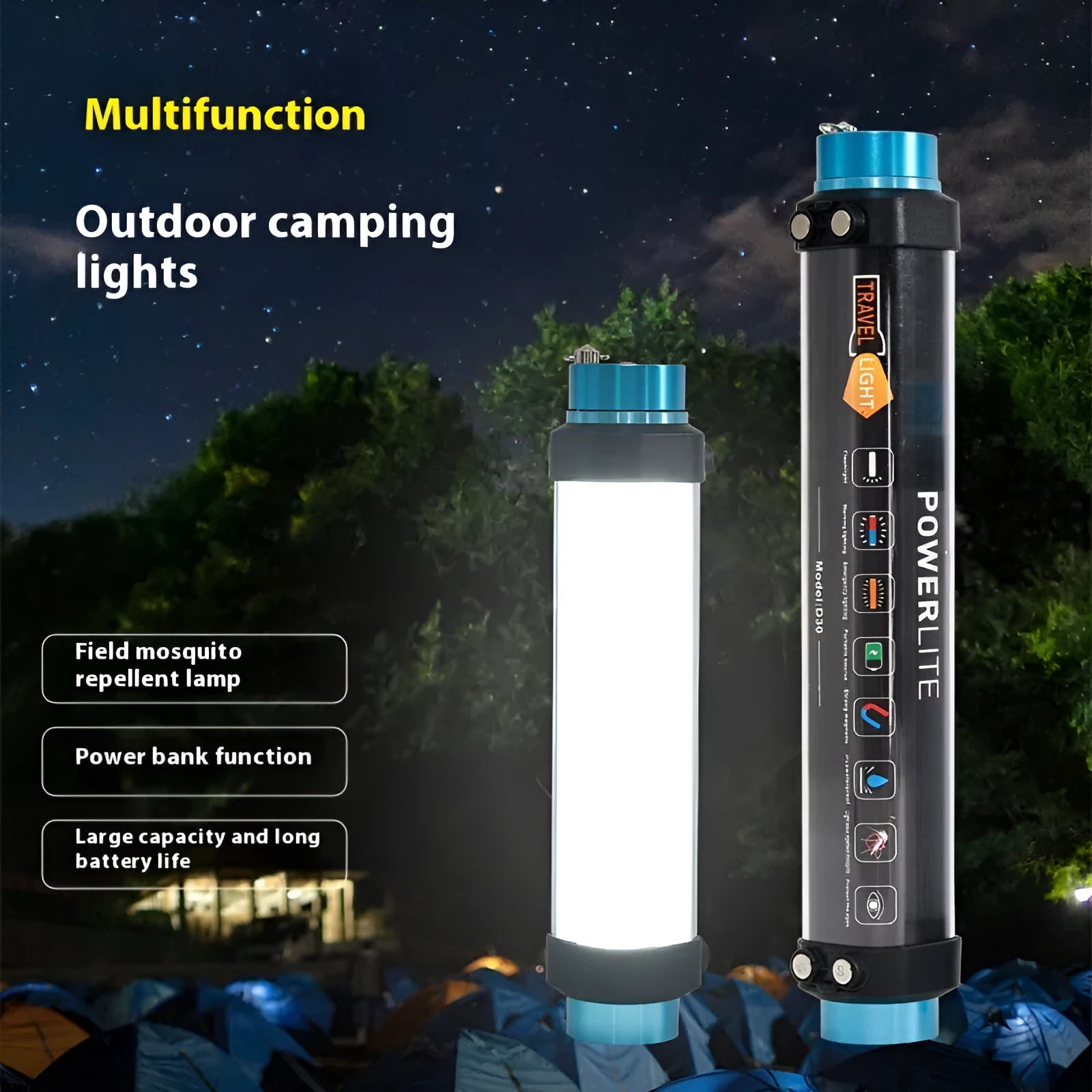 Waterproof USB rechargeable campsite light in black and blue with 200m exposure distance outdoors