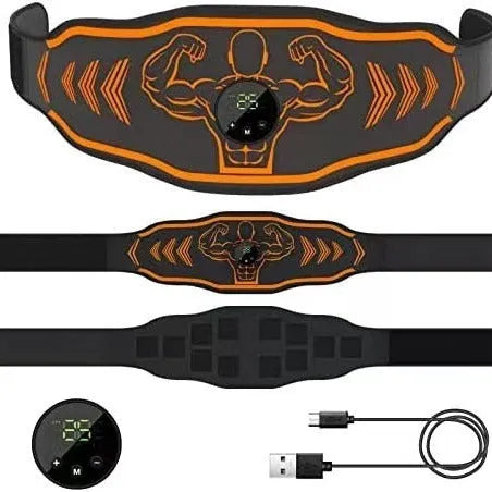 Smart EMS massage belt with adjustable strap and control unit in blue colour