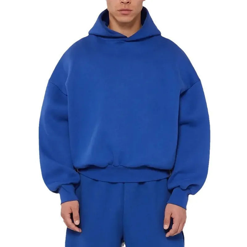Men's grey fleece-lined cotton pullover hoodie with wool lining and threaded long sleeves