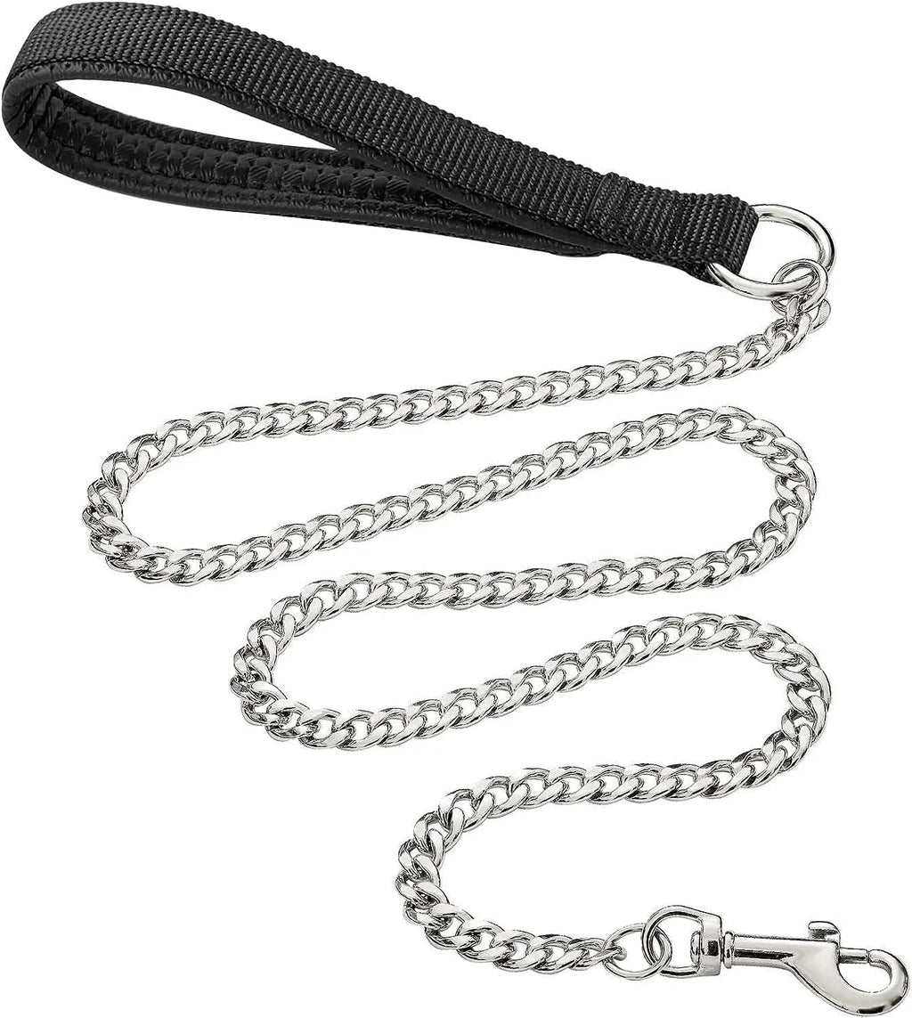 Heavy duty metal chain dog leash with a soft black padded handle, shown in red blue and black colours.