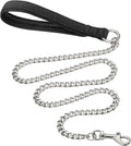 Heavy duty metal chain dog leash with a soft black padded handle, shown in red blue and black colours.
