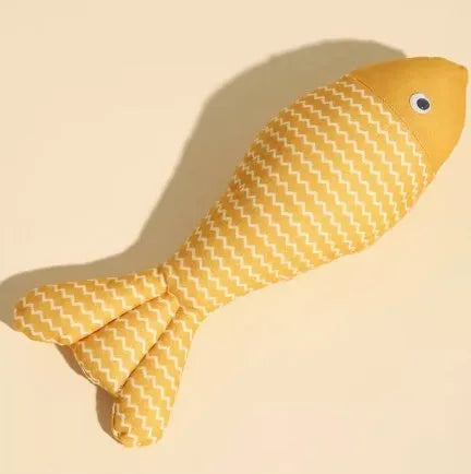 Large yellow catnip fish toy measuring 39cm long for feline play and teeth grinding