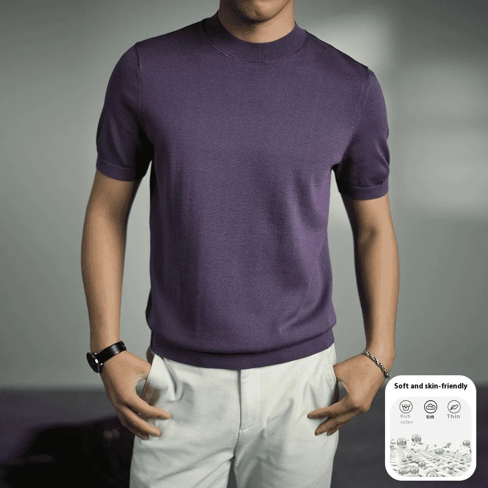 Men's knitted T-shirt with round neck and short sleeves in business gentleman style