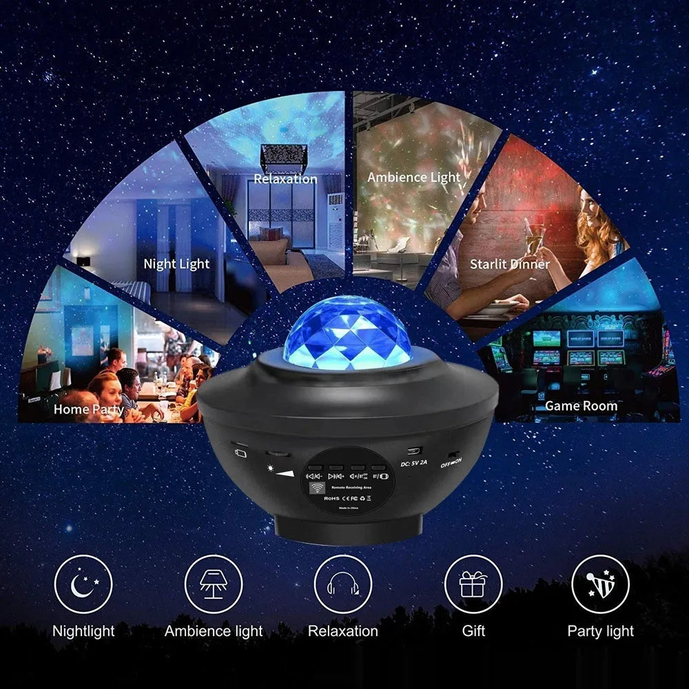 Black parallel style starry sky projection lamp with water ripple laser effects and remote control