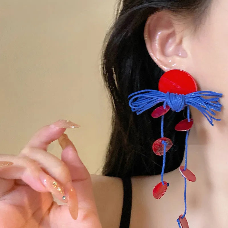 Geometric women's earrings with cloth base and silver needle-blue resin flower accents in 30# colour